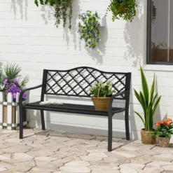 Outsunny 2-Seater Steel Garden Bench - Black - 84B-754