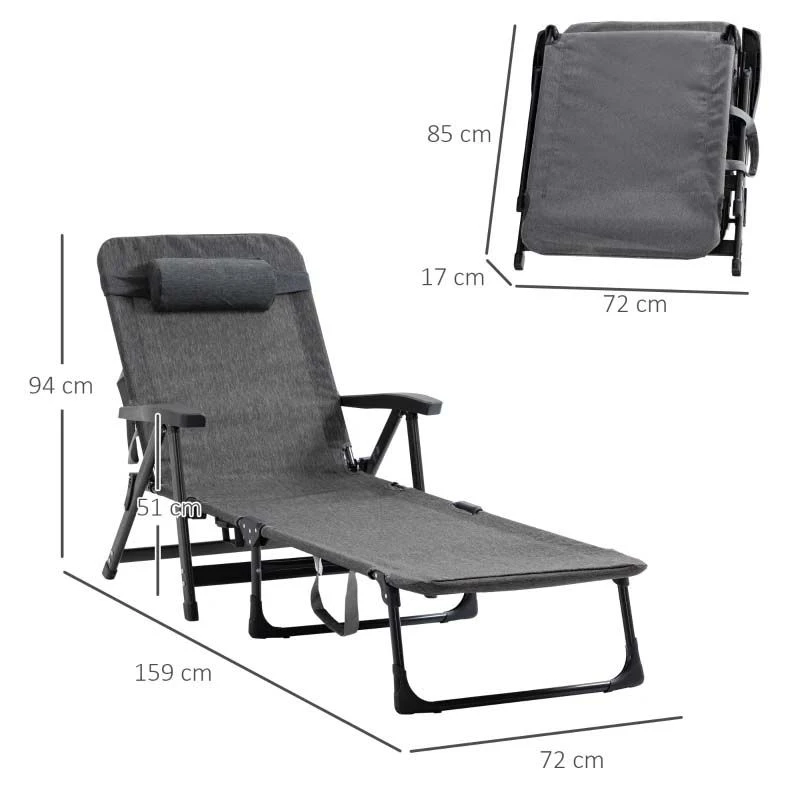 Outsunny Reclining Sun Lounger With Pillow - Grey - 84B-770V70CG - Image 3