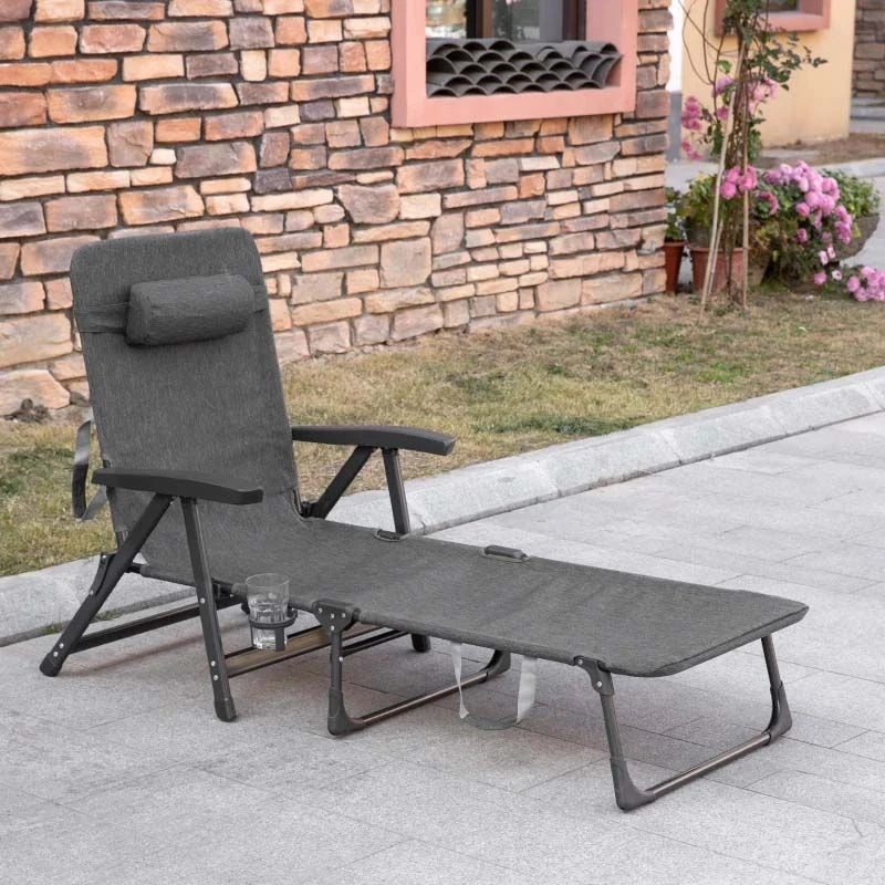 Outsunny Reclining Sun Lounger With Pillow - Grey - 84B-770V70CG