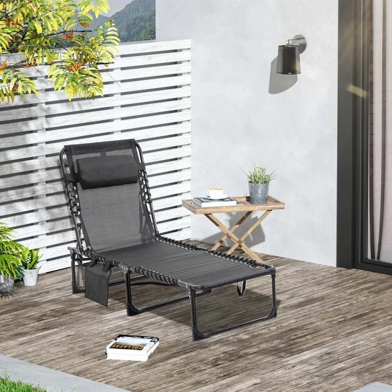 Outsunny Reclining Sun Lounger With Pillow - Grey - 84B-812BK