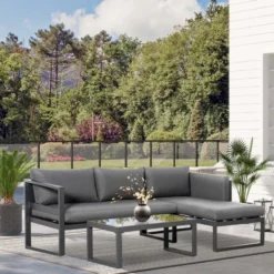 Outsunny 3 Piece L-shape Garden Furniture Set - Grey - 84B-816