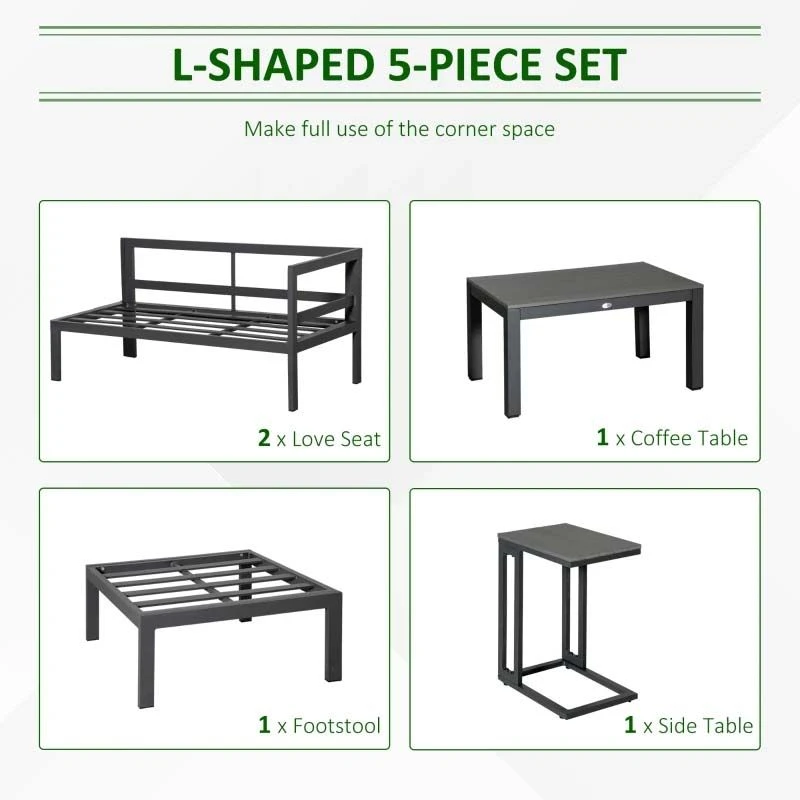 Outsunny 5 Piece L-shaped Garden Furniture Set - Grey - 84B-817V70CG - Image 4