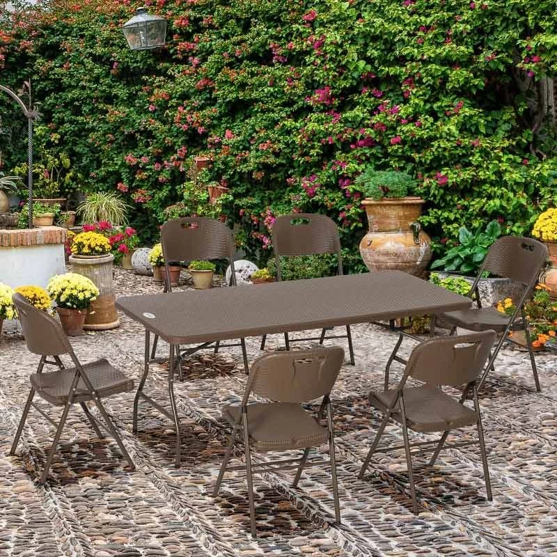 Outsunny 7 Piece Patio Resin Rattan Dining Set With Foldable Chairs - Dark Brown - 84G-014V00DR - Image 10