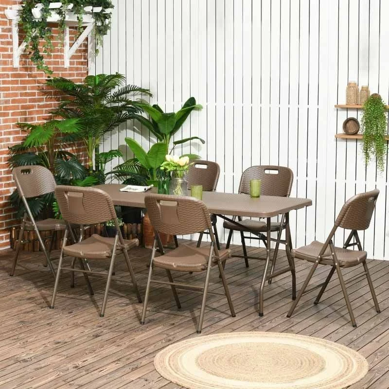 Outsunny 7 Piece Patio Resin Rattan Dining Set With Foldable Chairs - Dark Brown - 84G-014V00DR