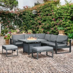 Outsunny 6 Piece Garden Furniture Set With Fire Pit Table - Grey - 84G-116V70GY