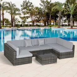 Outsunny 6-Seater Rattan Garden Furniture Set - Grey/Beige - 860-027GY