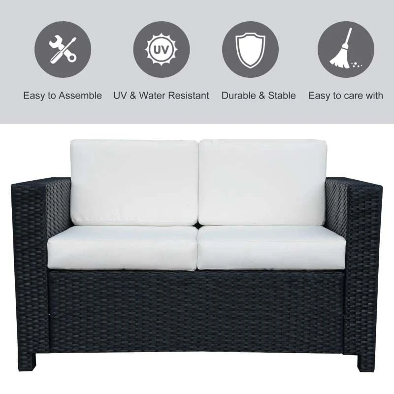 Outsunny Rattan 2 Seater Garden Sofa - Black/Cream - 860-031BK - Image 5