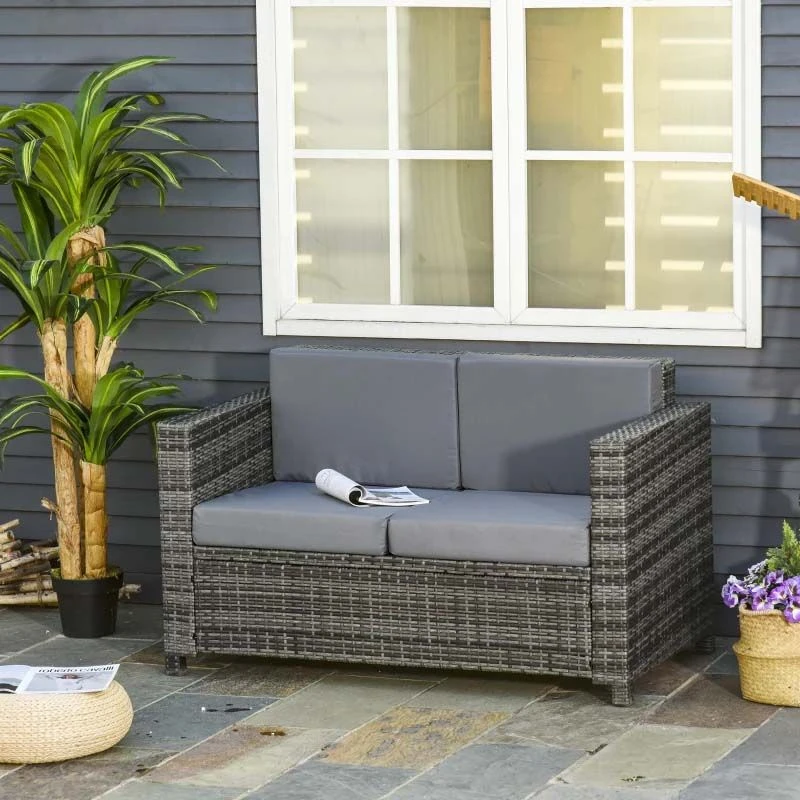 Outsunny Rattan 2 Seater Garden Sofa - Grey - 860-031GY