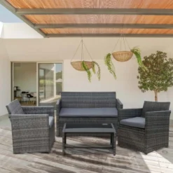 Outsunny 4-Seater Rattan Garden Furniture Set - Grey - 860-064V01GY