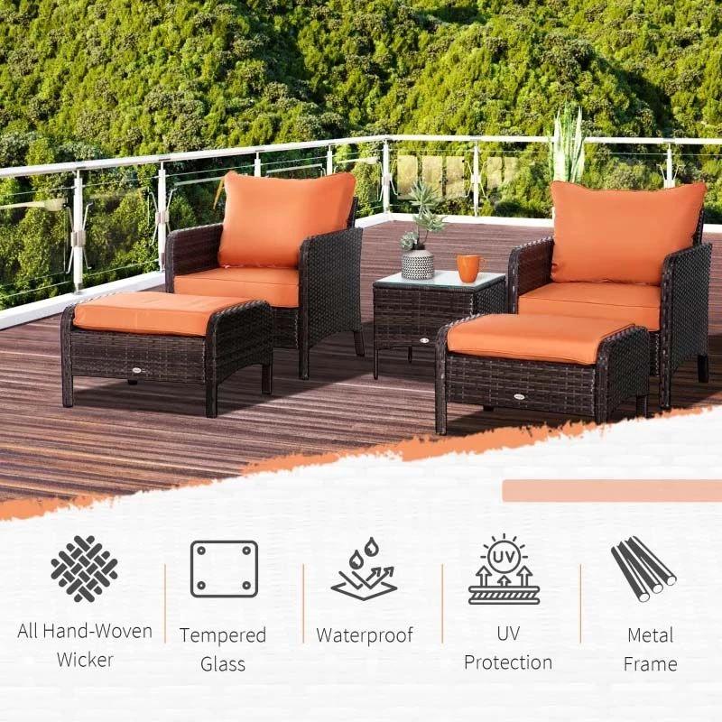 Outsunny 2-Seater Rattan Garden Furniture Set - Brown/Orange - 860-066V01BN - Image 4