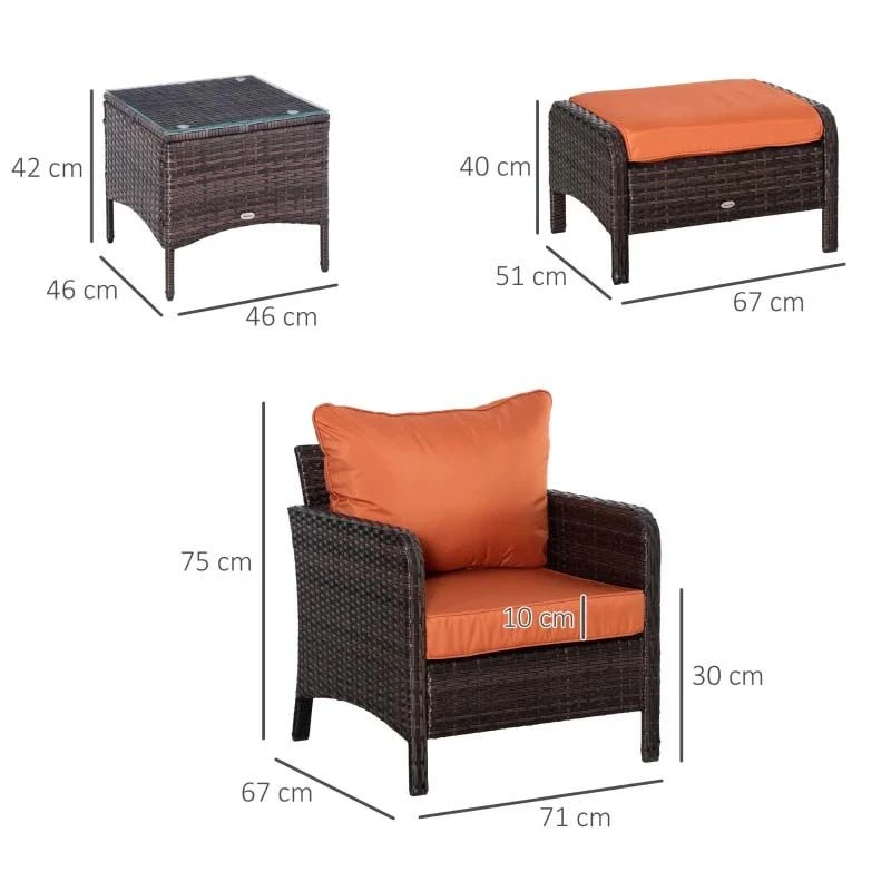Outsunny 2-Seater Rattan Garden Furniture Set - Brown/Orange - 860-066V01BN - Image 3