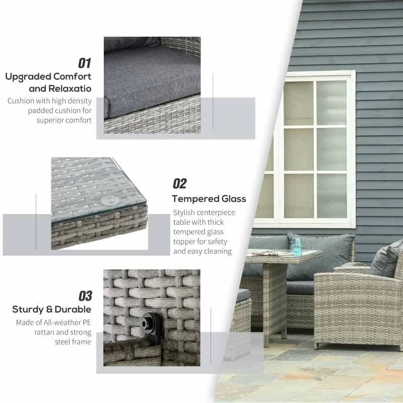 Outsunny 7-Seater Rattan Dining Set With Cushions - Grey - 860-069 - Image 8