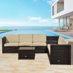 Outsunny 6-Seater Rattan Garden Furniture Set With Cushions - Brown - 860-072V01BN