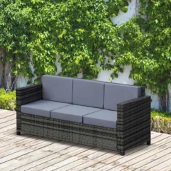 Outsunny Rattan 3 Seater Garden Sofa - Grey - 860-095