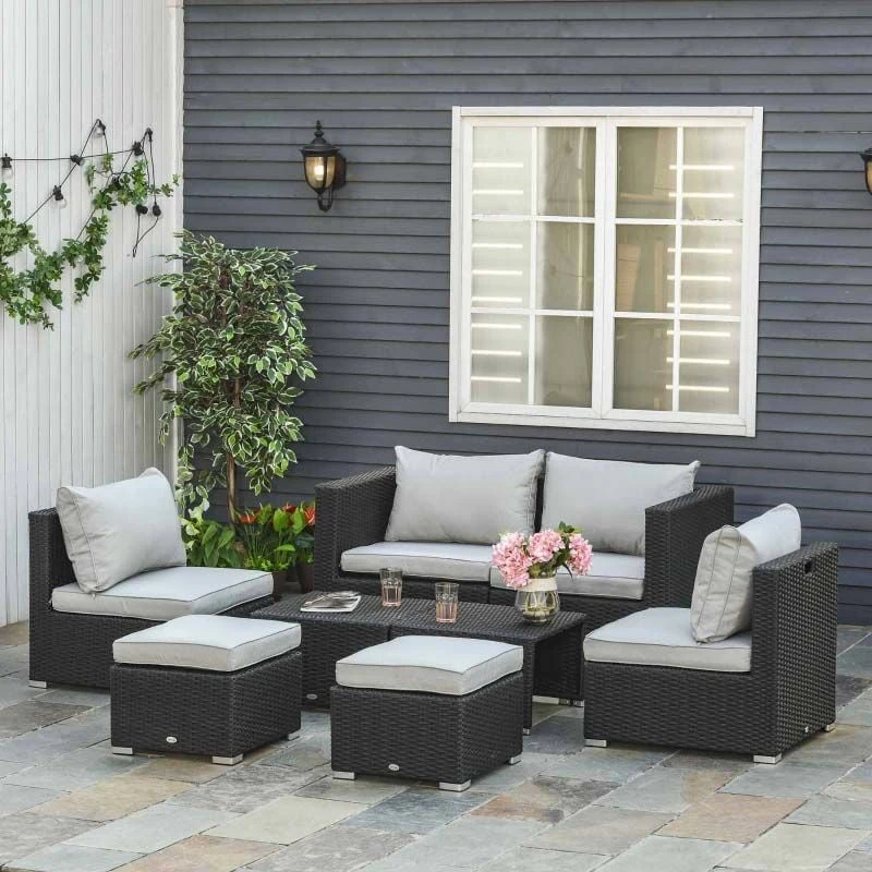 Outsunny 6-Seater Rattan Garden Furniture Set - Black - 860-099V70BK