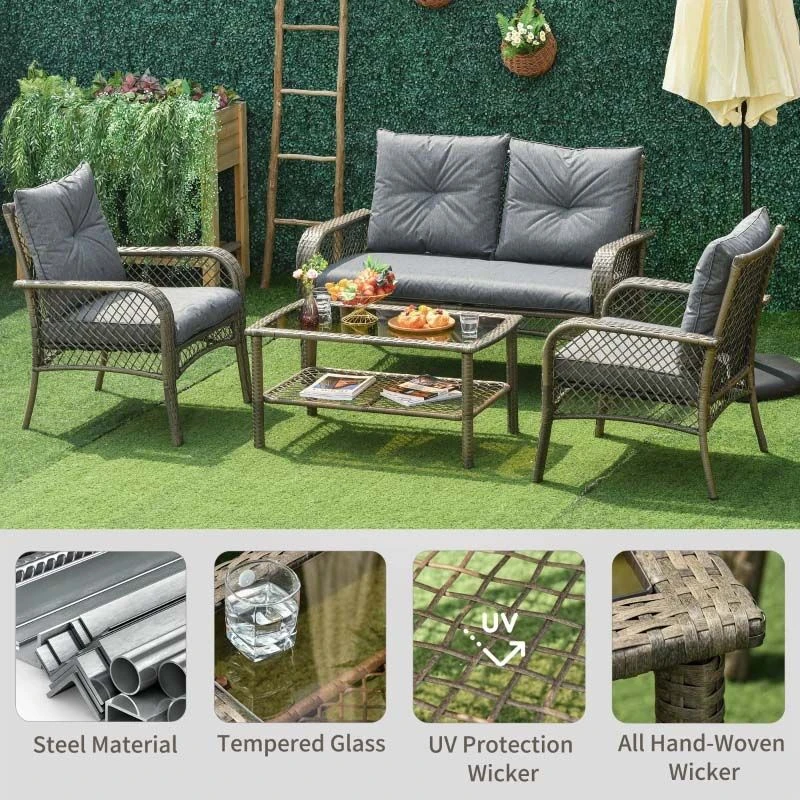 Outsunny 4-Seater Rattan Garden Furniture Set - Grey - 860-102V70CG - Image 4