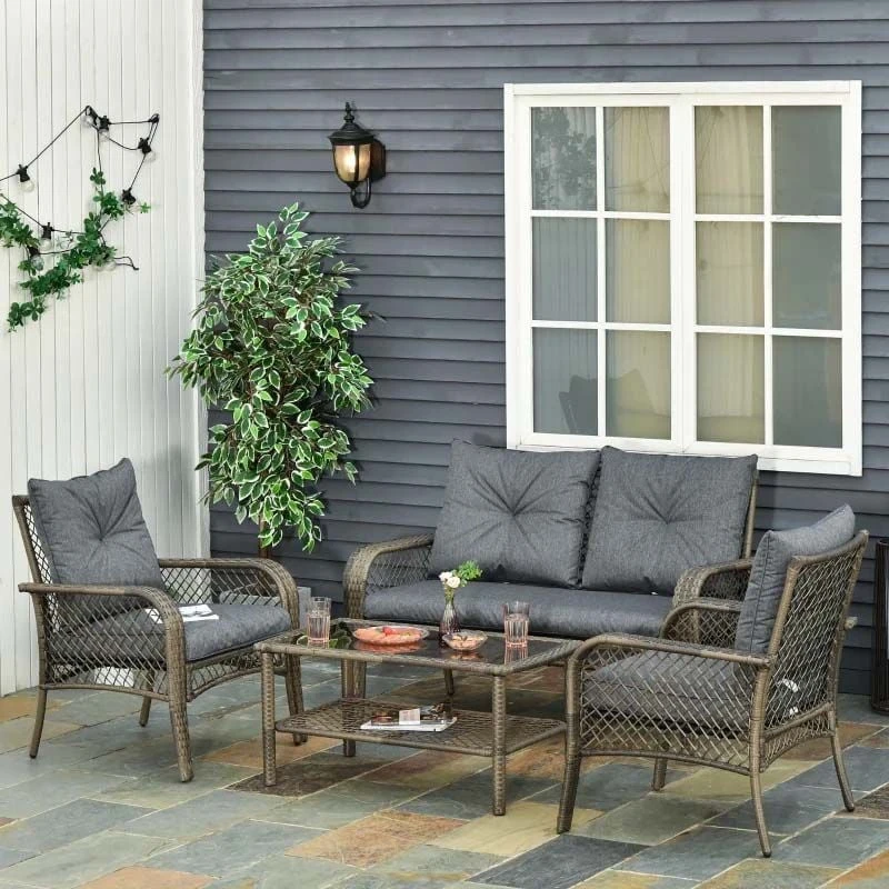 Outsunny 4-Seater Rattan Garden Furniture Set - Grey - 860-102V70CG
