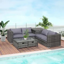 Outsunny 4-Seater Rattan Garden Furniture Set - Table/Storage - Grey - 860-104V70GY