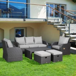 Outsunny 7-Seater Rattan Garden Furniture Set With Recliners - Grey - 860-105V70