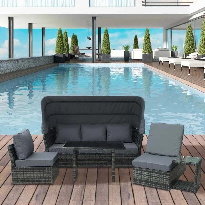 Outsunny 5-Seater Rattan Garden Furniture Set With Canopy And Recliner - Grey - 860-140