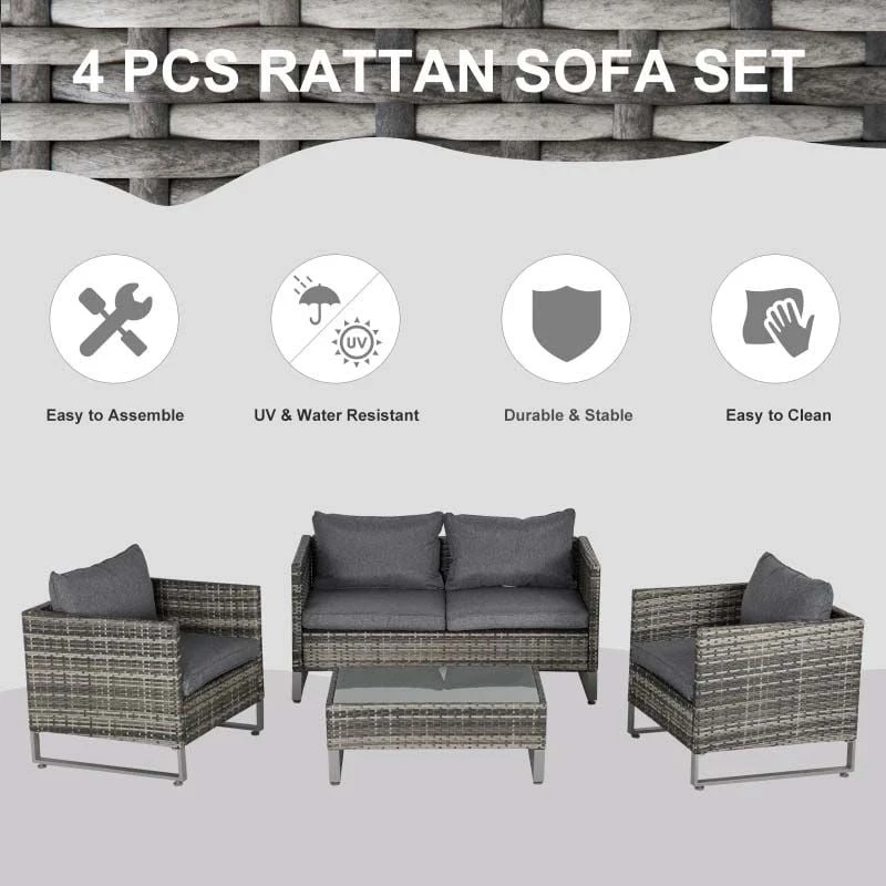 Outsunny 4-Seater Rattan Garden Furniture Set - Grey - 860-142V70CG - Image 4