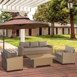 Outsunny 5-Seater Rattan Garden Furniture Set - Khaki - 860-209V70