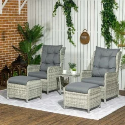 Outsunny 2-Seater Rattan Reclining Sun Lounger Set - Grey - 860-264V00GY