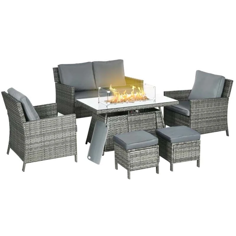 Outsunny 6-Seater Rattan Fire Pit Garden Furniture Set - Grey - 860-291V71GG - Image 2