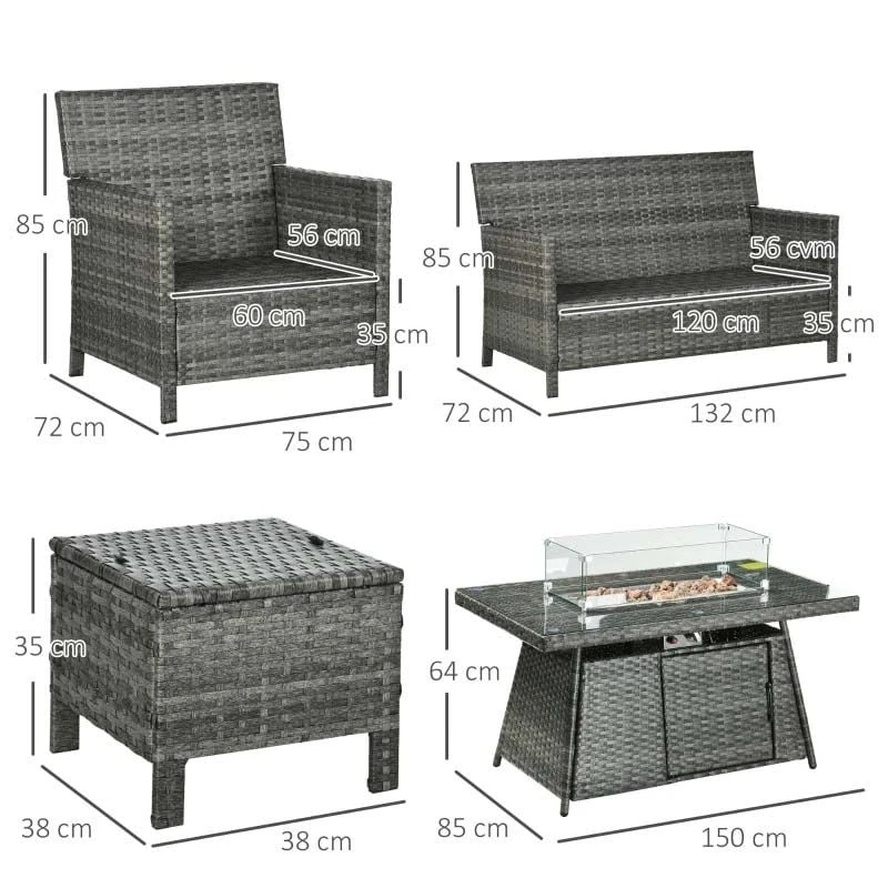 Outsunny 6-Seater Rattan Fire Pit Garden Furniture Set - Grey - 860-291V71GG - Image 3