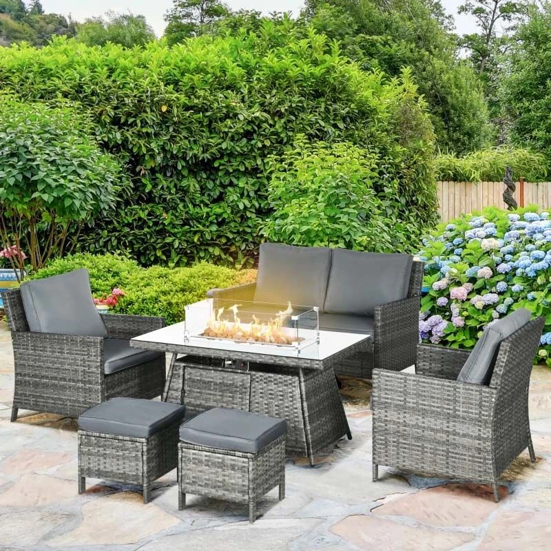 Outsunny 6-Seater Rattan Fire Pit Garden Furniture Set - Grey - 860-291V71GG - Image 9