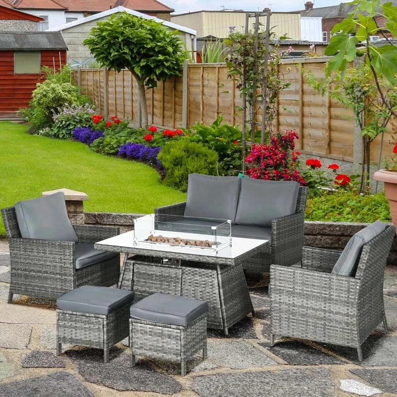 Outsunny 6-Seater Rattan Fire Pit Garden Furniture Set - Grey - 860-291V71GG