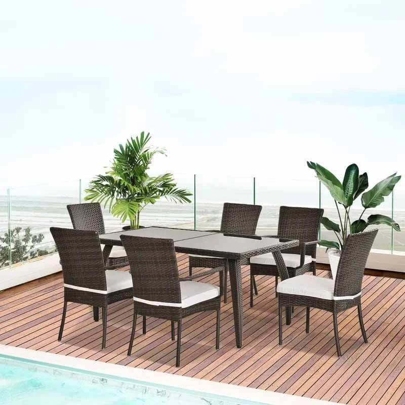 Outsunny 6 Seater Rattan Dining Table And Chairs Set - Brown & Cream White - 861-026