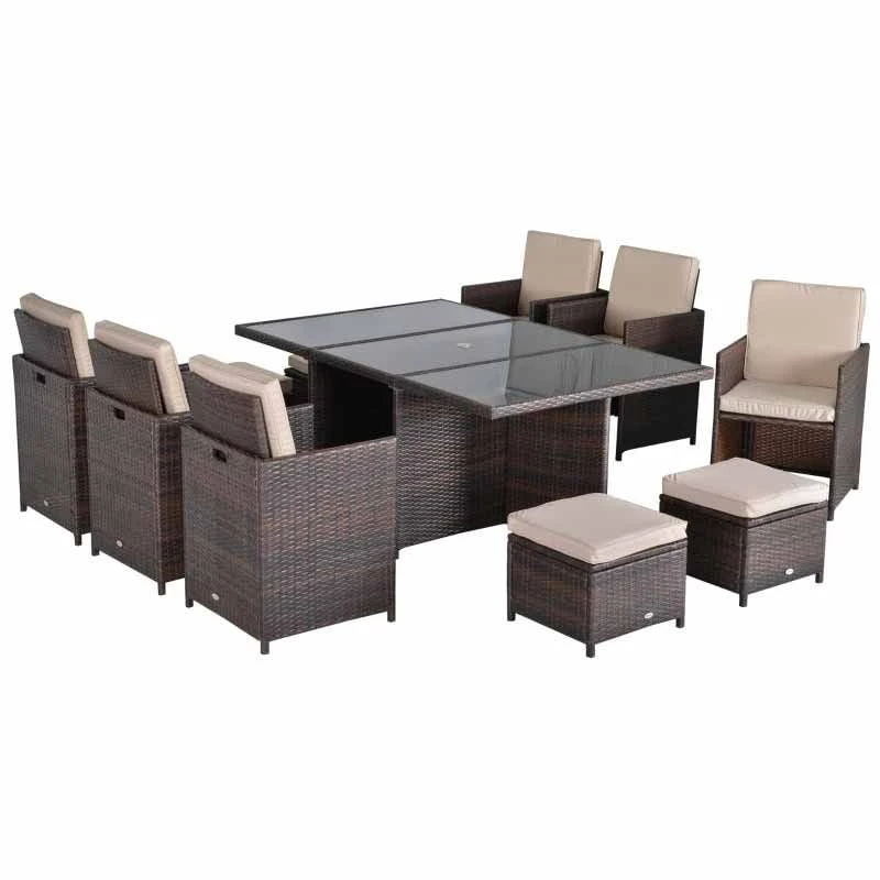 Outsunny 11 Piece Rattan Cube Dining Table And Chairs Set - Brown - 861-031BN - Image 3