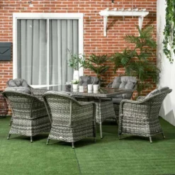 Outsunny 7 Piece Patio PE Rattan Wicker Dining Table & Chairs Set With Cushions - Grey - 861-037V71GY