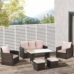 Outsunny 7-Seater Patio PE Rattan Wicker Table & Cushion Set - Mixed Brown - 861-040V70