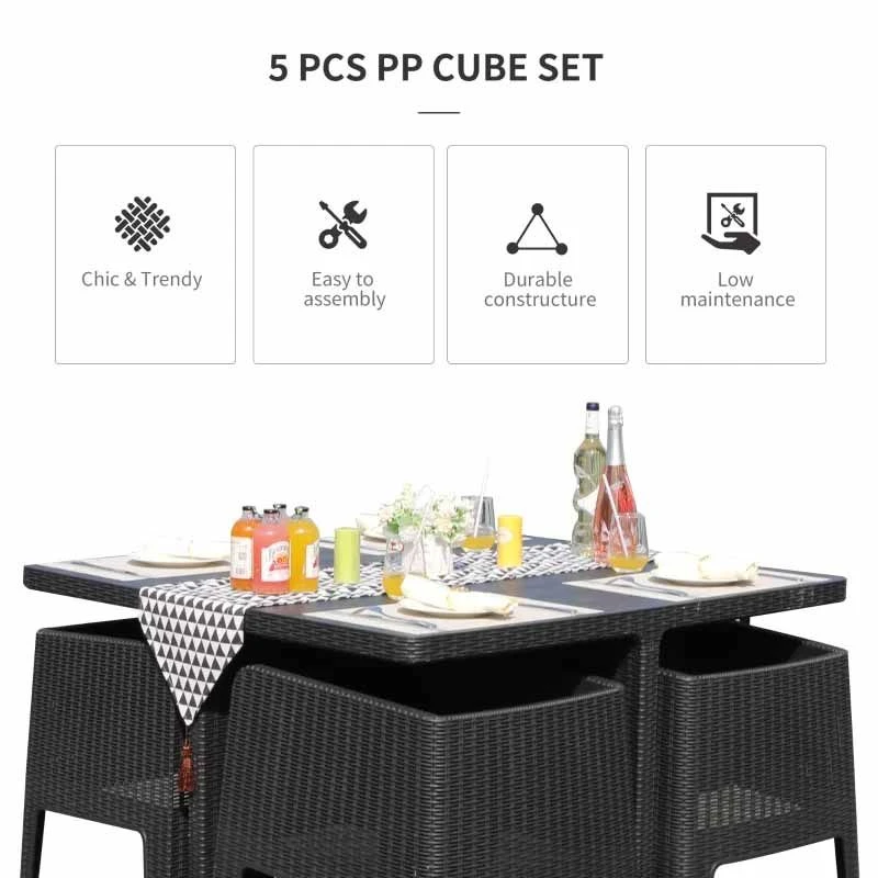 Outsunny 5 Piece PP Rattan Garden Dining Patio Cube Table & Chairs Set - Grey - 861-043 - Image 4