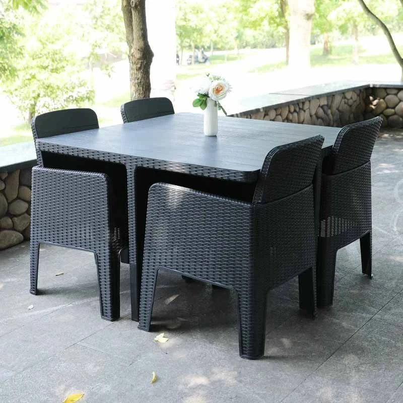 Outsunny 5 Piece PP Rattan Garden Dining Patio Cube Table & Chairs Set - Grey - 861-043