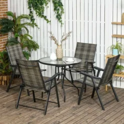 Outsunny 5 Piece PE Rattan Dining Set Round Glass Top With Folding Armchairs - Mixed Grey - 861-060V00GG