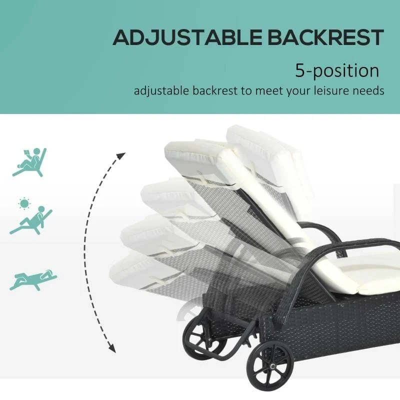 Outsunny Rattan Reclining Sun Lounger - Black/Cream - 862-005V01BK - Image 5