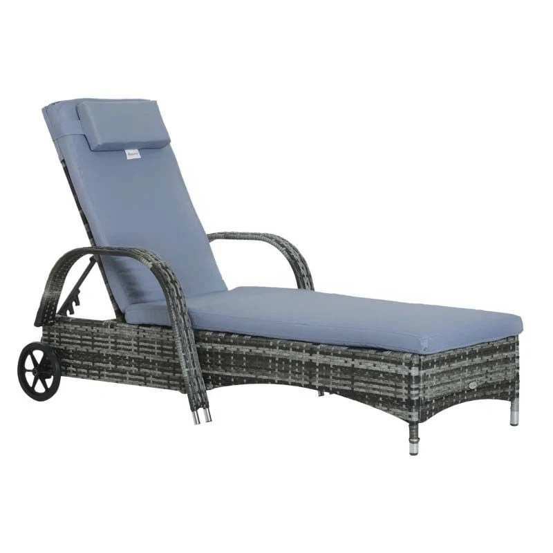 Outsunny Rattan Reclining Sun Lounger - Grey - 862-005V01GY - Image 2
