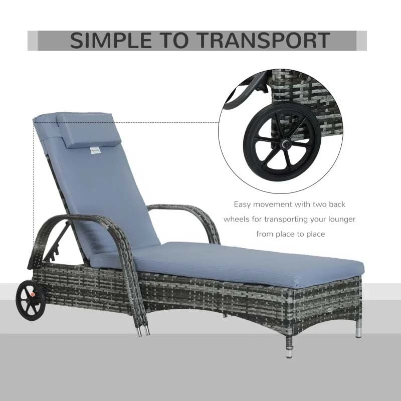 Outsunny Rattan Reclining Sun Lounger - Grey - 862-005V01GY - Image 4