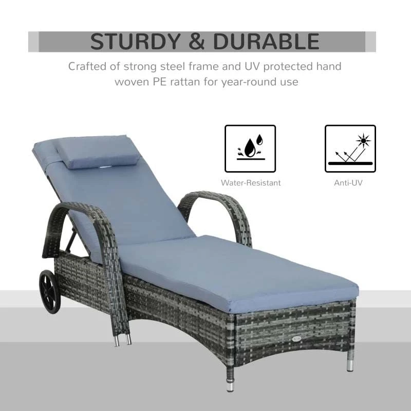 Outsunny Rattan Reclining Sun Lounger - Grey - 862-005V01GY - Image 5