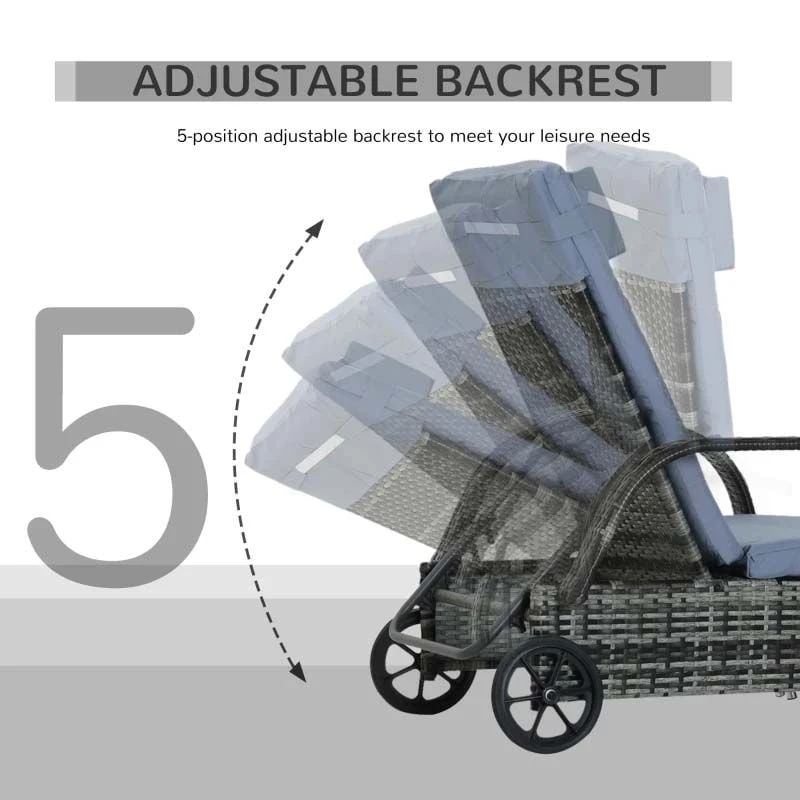 Outsunny Rattan Reclining Sun Lounger - Grey - 862-005V01GY - Image 7