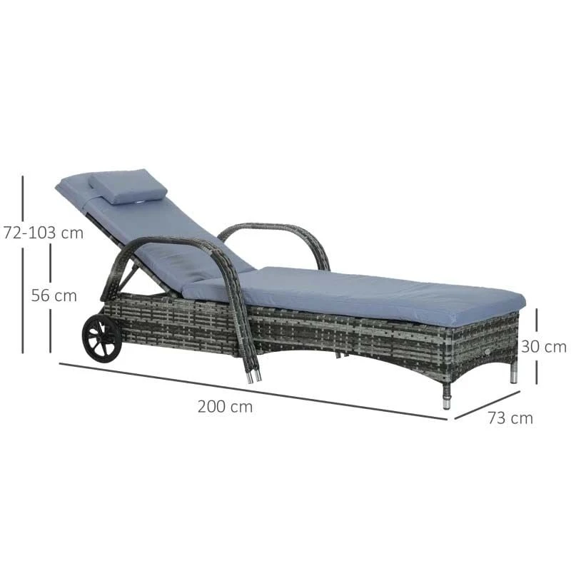 Outsunny Rattan Reclining Sun Lounger - Grey - 862-005V01GY - Image 3