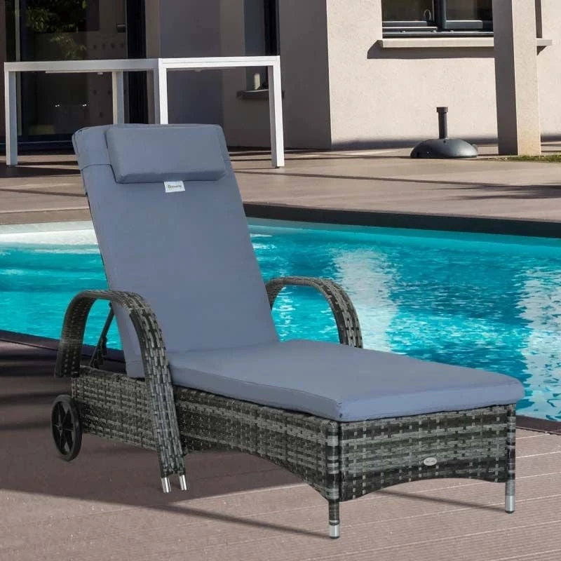 Outsunny Rattan Reclining Sun Lounger - Grey - 862-005V01GY - Image 10