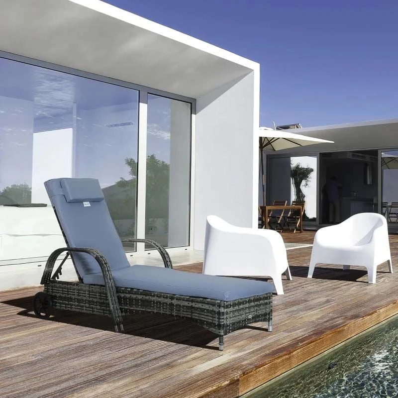 Outsunny Rattan Reclining Sun Lounger - Grey - 862-005V01GY