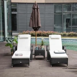 Outsunny 2-Seater Rattan Sun Lounger Set With Side Table - Black - 862-010BK