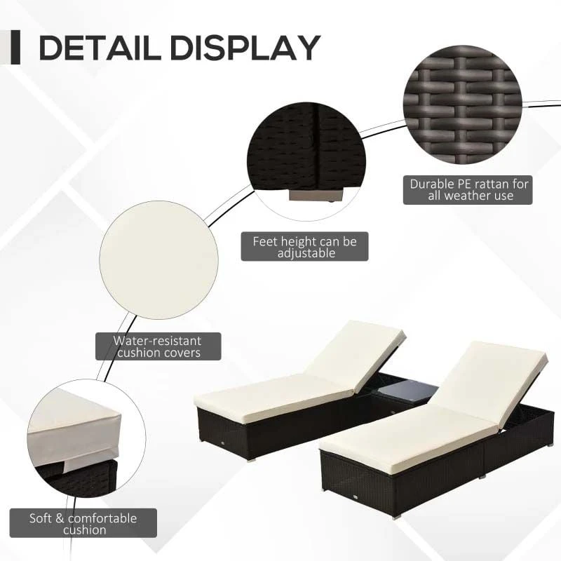 Outsunny 2-Seater Rattan Sun Lounger Set With Table - Brown/White - 862-013 - Image 4