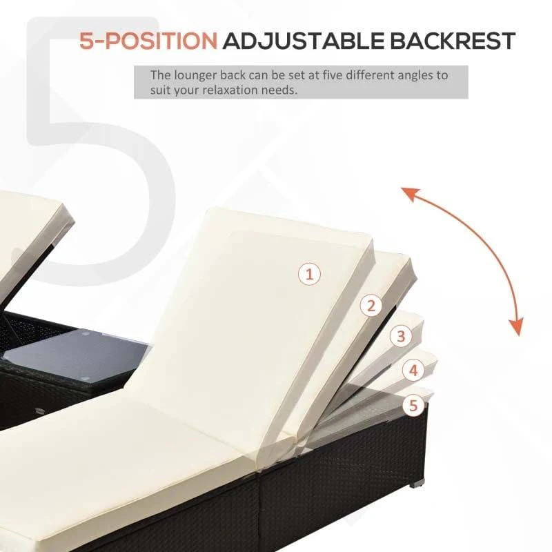 Outsunny 2-Seater Rattan Sun Lounger Set With Table - Brown/White - 862-013 - Image 6