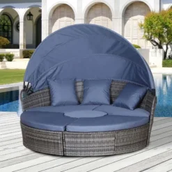 Outsunny 4-Seater Rattan Garden Furniture Set With Canopy - Grey/Blue - 862-021V70GY